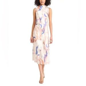 LUXELY women’s High Neck Satin Midi Dress